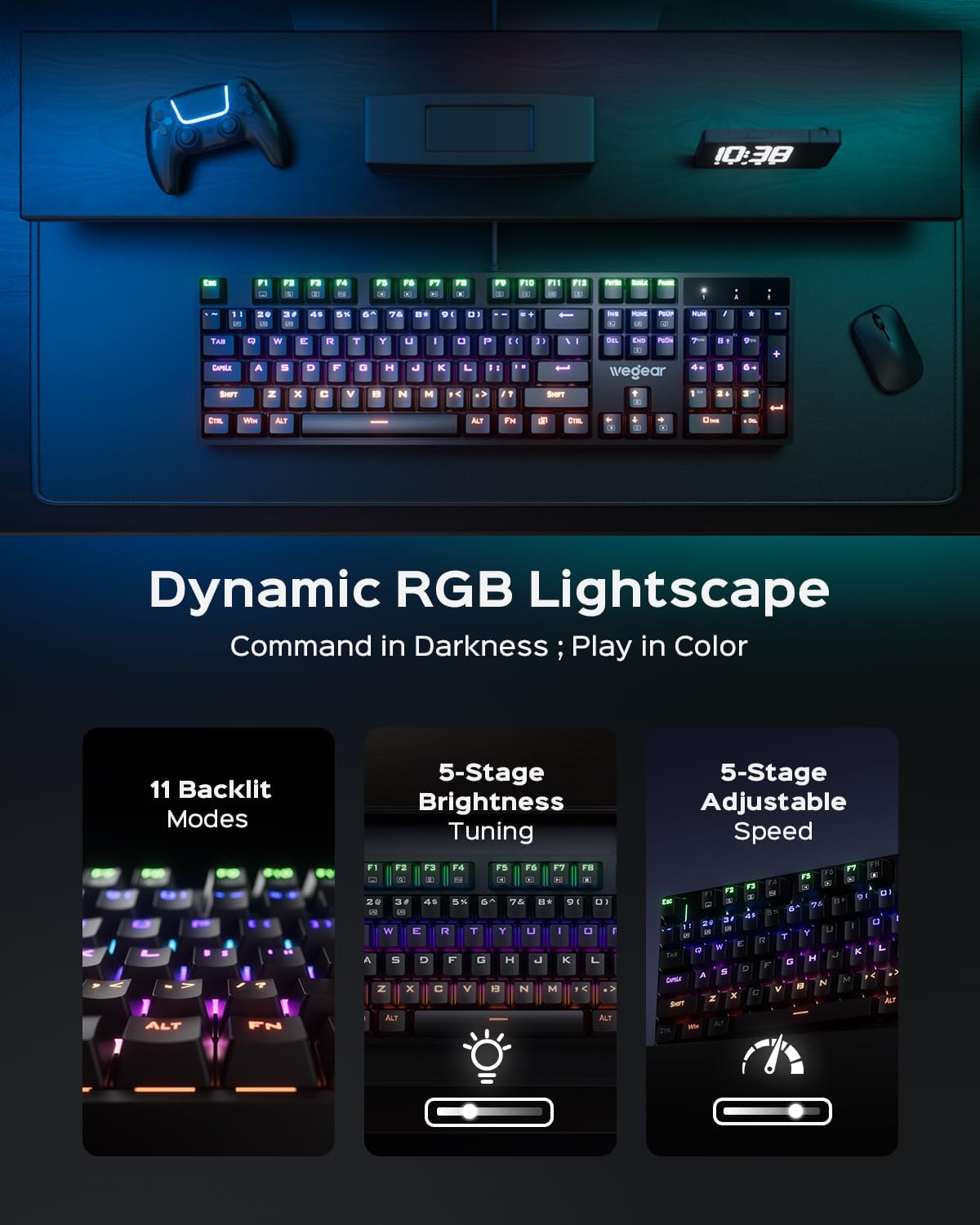 wegear Mechanical Gaming Keyboard with Blue Switch, 104-Key Full Size RGB Backlit Wired Keyboard(11 Modes, Anti-Ghosting, Double-Shot ABS Keycaps, Lighted Computer Key-Board for PC Windows-Black - Image 3