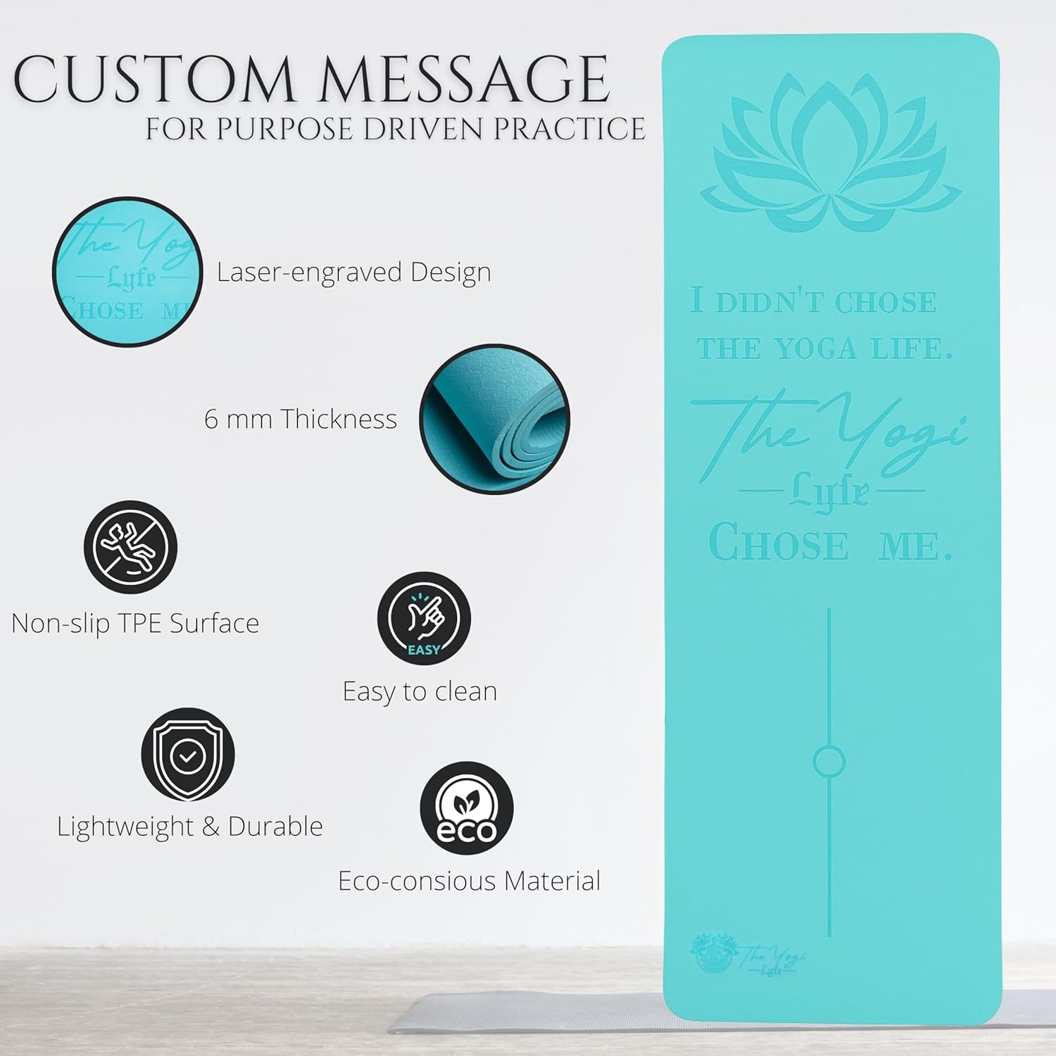 Yoga Mat – Laser-Engraved Affirmation, Non-Slip Eco TPE, 72" x 24" x 6mm, Lightweight Blue Mat for Mindful Movement and Recovery – FINAL CLEARANCE - Image 3