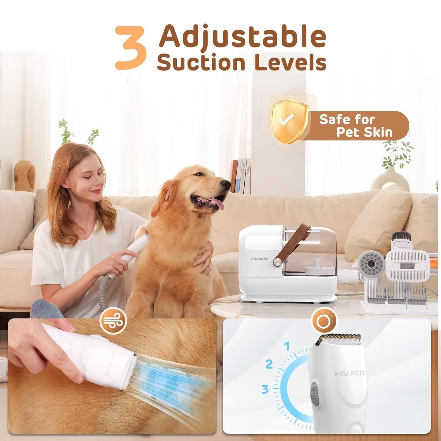 HEAPETS Dog Grooming Vacuum Kit - 3L Vacuum with 7 Tools, Low Noise Electric Clipper and Brush for Pet Shedding at Home, White - Image 2