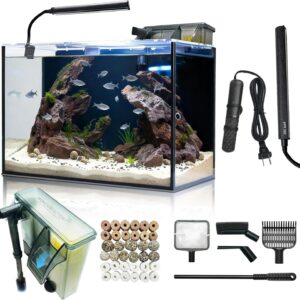 10 Gallon Aquarium Set Glass Fish Tank, Heater Self Cleaning System Filter with Media Bright Light Cleaning Tool, Leak-Proof Clear Rimless Betta Tropical Freshwater Fish