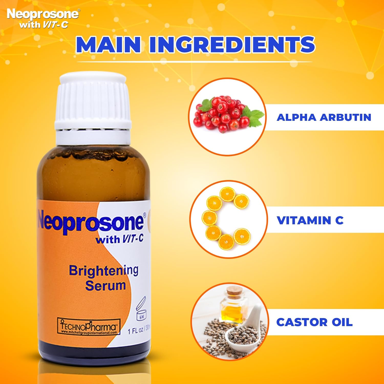 Neoprosone, Vitamin C Serum for Face | 1 Fl oz / 30ml | Brightening Serum For Dark Circle, Wrinkles | with Alpha Arbutin and Castor Oil - Image 4