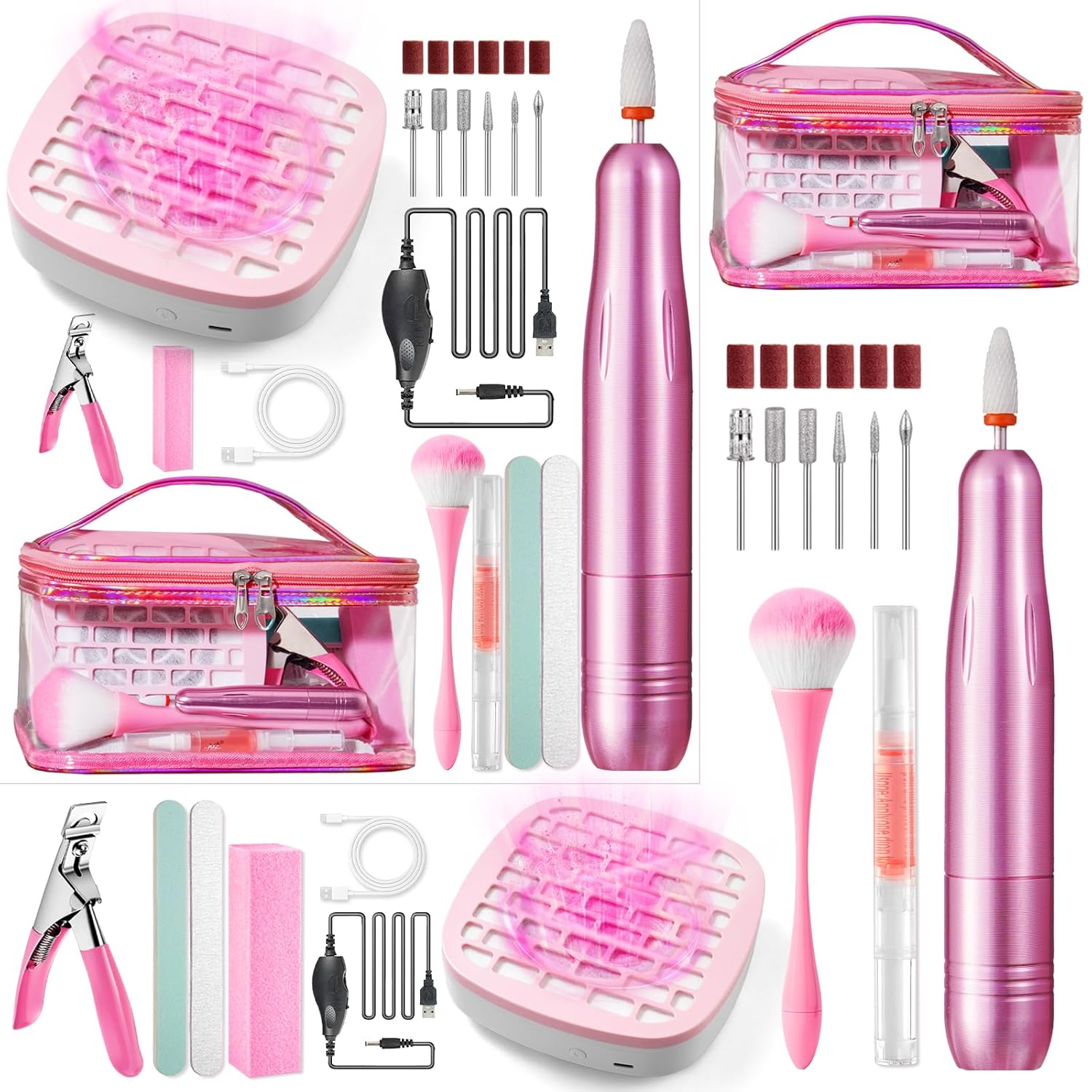 Nail Drill with Dust Collector Kit: 20000RPM Professional Electric Nail File for Acrylic Gel Removal, Manicure Pedicure Polishing, Complete Nail Tool Set in Cosmetic Bag for Home DIY Beginners (Pink)