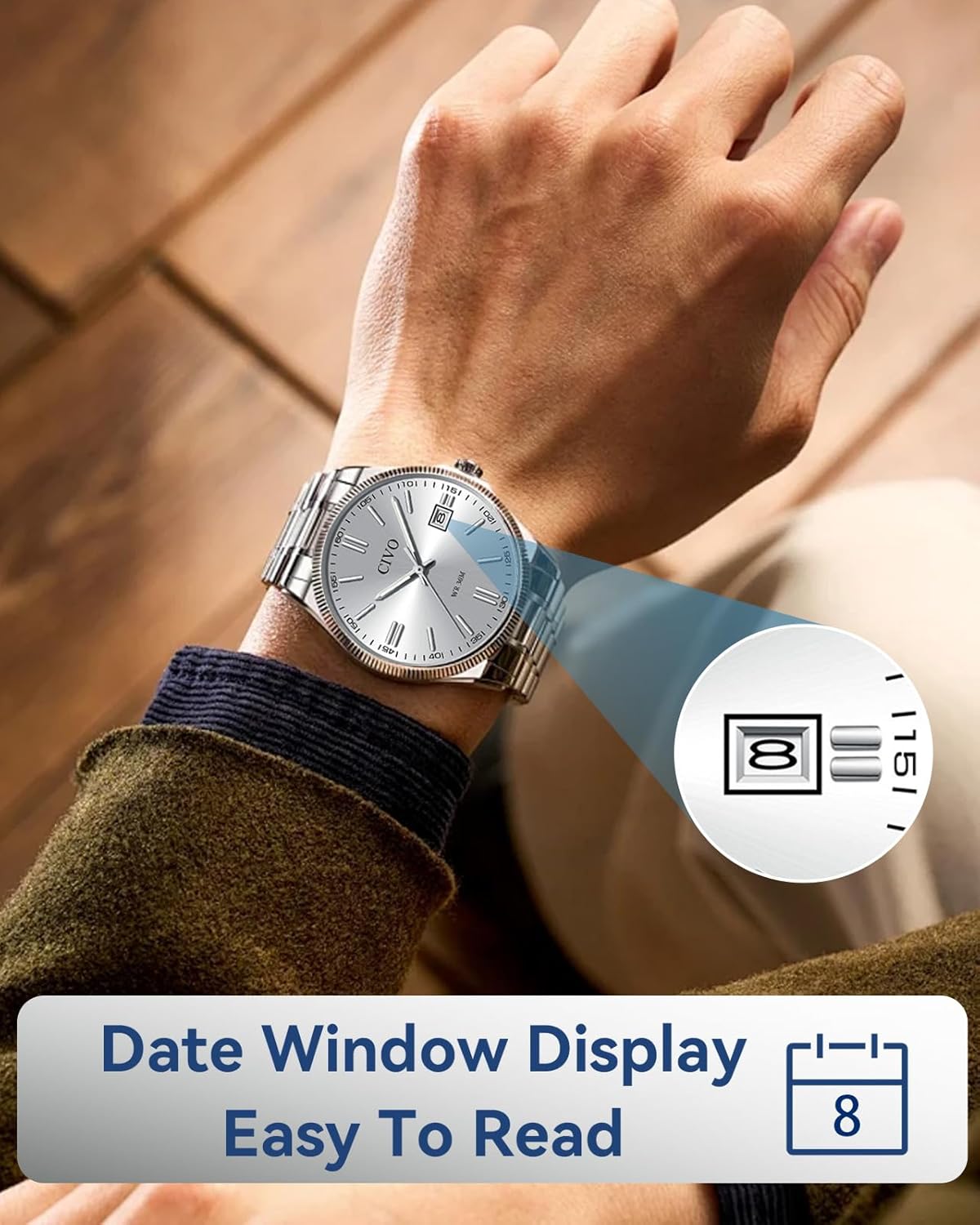 CIVO Analog Mens Watches Silver: Wrist Watches with Date Easy to Read - Dress Stainless Steel Watch for Men Gifts for Husband Father at Birthday Anniversary - Image 4