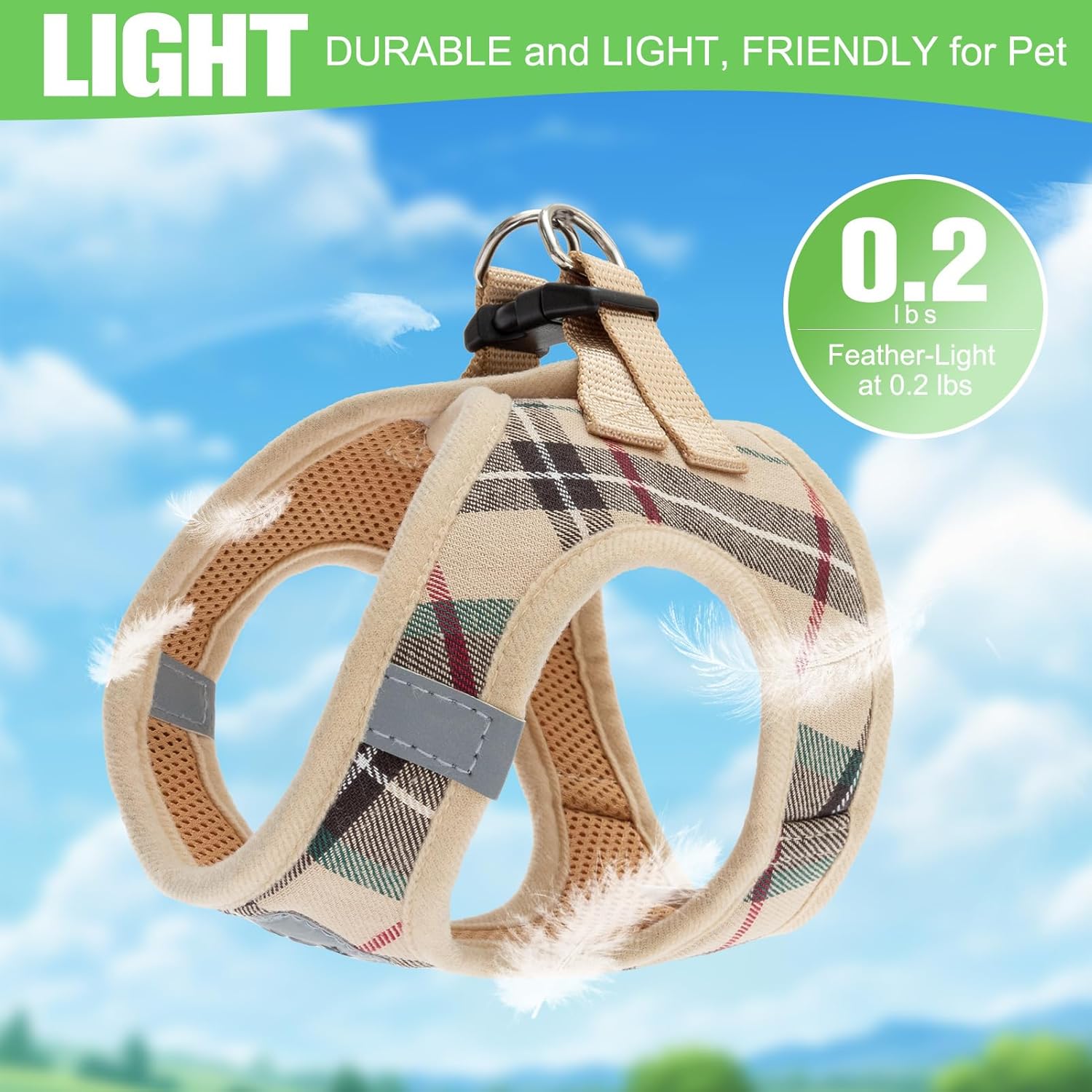 EXPAWLORER Plaid Small Dog Harness and Leash Set with AirTag Holder - No Pull Soft Padded Step in Dog Vest Harness Medium Sized Dog, Reflective Puppy Harness, Collar and Leash for Walking, Khaki S - Image 6