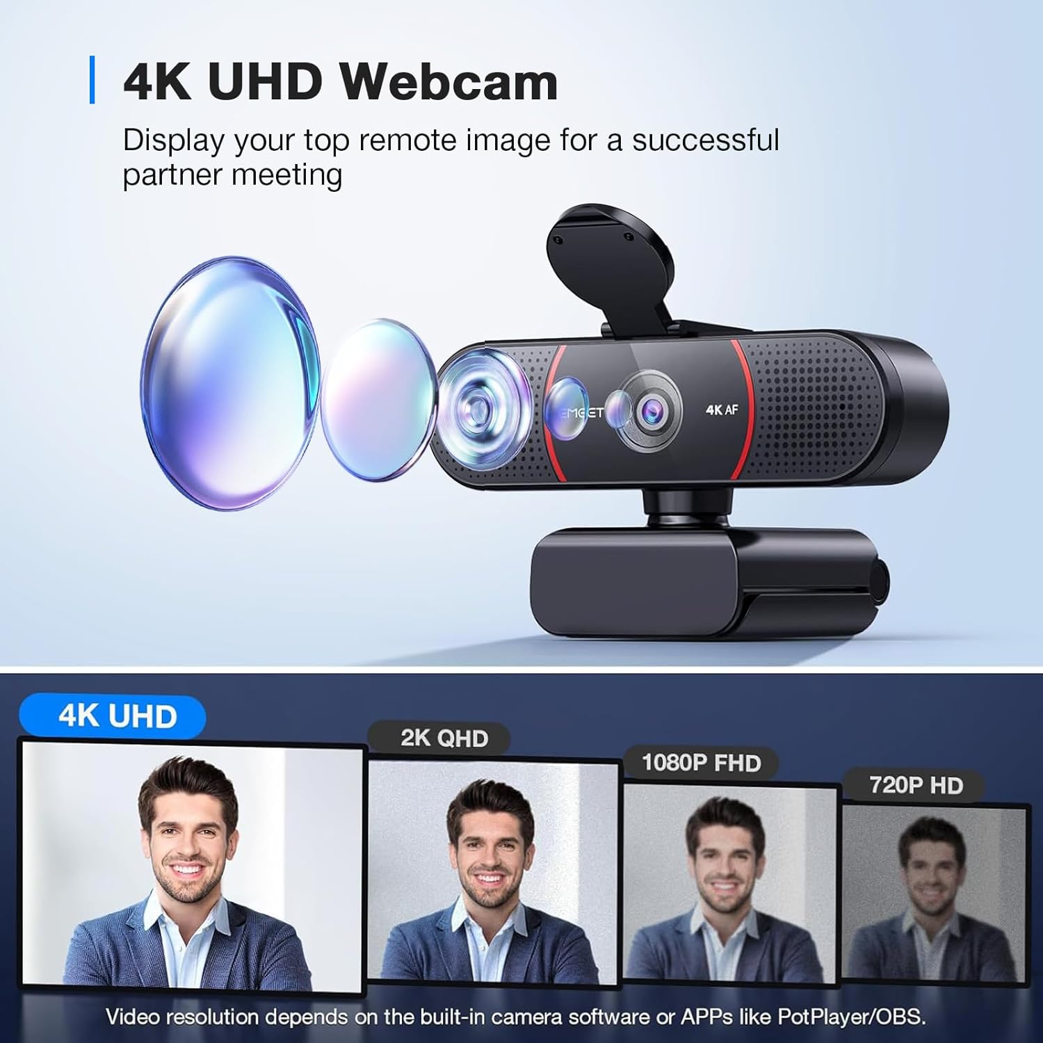 EMEET C960 4K Webcam for PC, 4K UHD CMOS Sensor, PDAF Auto Focus, Dual Omnidirectional Mics, Auto Light Correction, 73° FOV, Plug&Play Webcam w/Privacy Cover, Works w/Zoom/Teams/Skype/Google Meet - Image 2