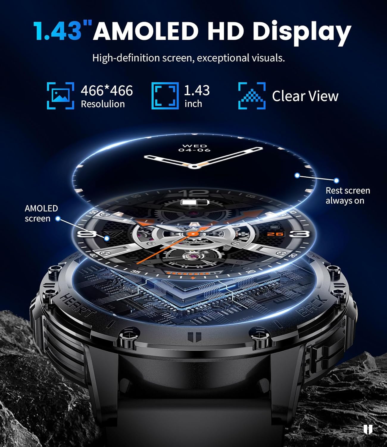 Military Smart Watches for Men for Android/iPhone-1.43'' Amoled Display Fitness Watch with Heart Rate/SpO2/Sleep Monitor/100+ Sport Modes/Flashlight,5ATM Waterproof Sport Watch,Pedometer,Silicone - Image 3