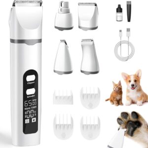 Dog Clippers for Grooming, 4 in 1 Dogs Paw Trimmer Pet Grooming Kit, Low Noise Dog Shavers with Nail Grinder Quiet, Rechargeable Cordless Electric Pets Clippers, 2-Speed Pet Hair Trimmer for Dogs Cat