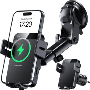 MOKPR Wireless Car Charger, 15W Auto Clamping Car Charger Dash Windshield Air Vent Phone Holder Compatible with iPhone 16 15 14/13/13 Pro/12 pro/12/11/X/8, Samsung S24/S23/S22