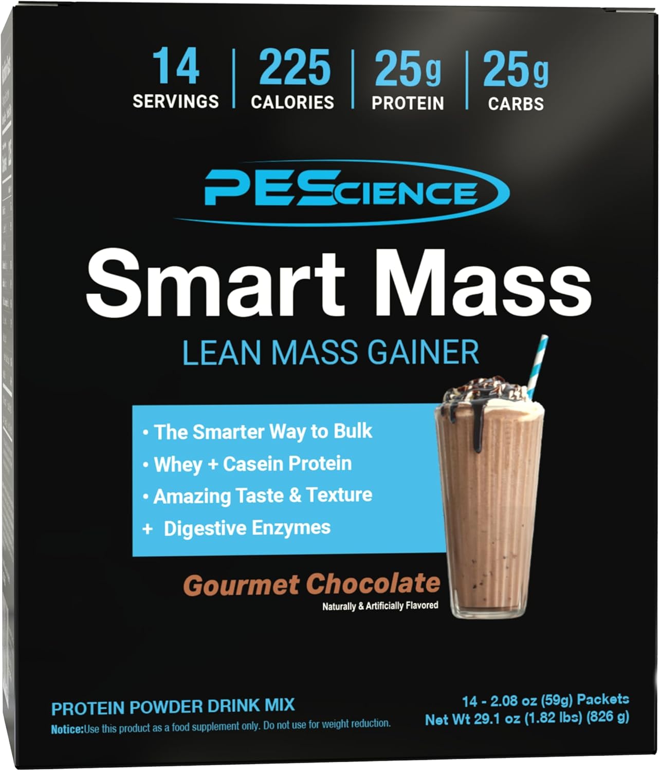 PEScience Smart Mass Gainer, Lean Muscle Weight Gainer, Whey Protein & Casein Protein Blend with Slow-Digesting Carbs, Maltodextrin-Free, Gourmet Chocolate, 14 Packets