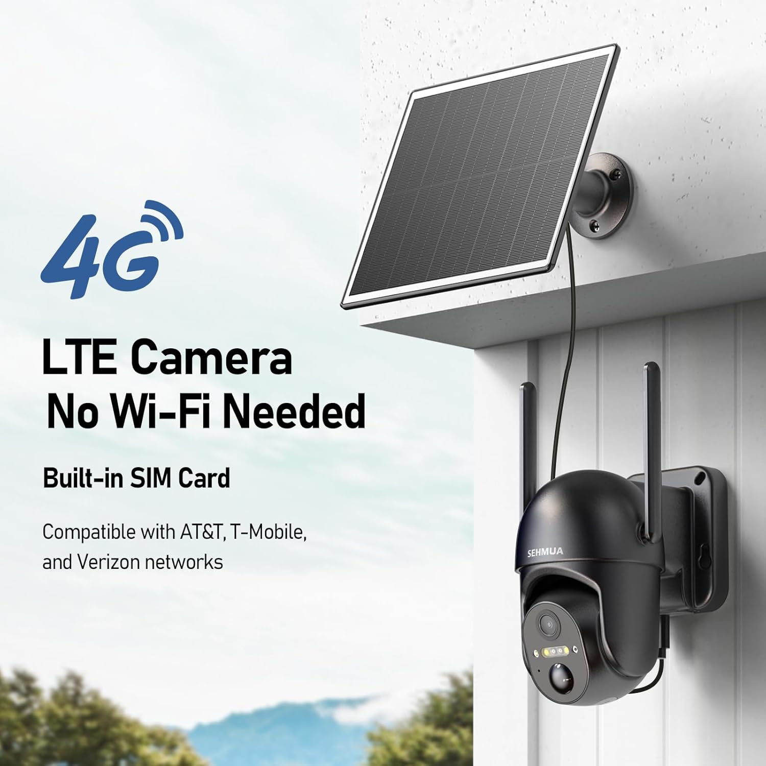 SEHMUA 4G LTE Cellular Solar Security Camera Wireless Outdoor, No WiFi Solar Powered Camera, 360° Live View, 2K Color Night Vision, PIR Motion Sensor, 2 Way Talk, Built in SIM Card - Image 2