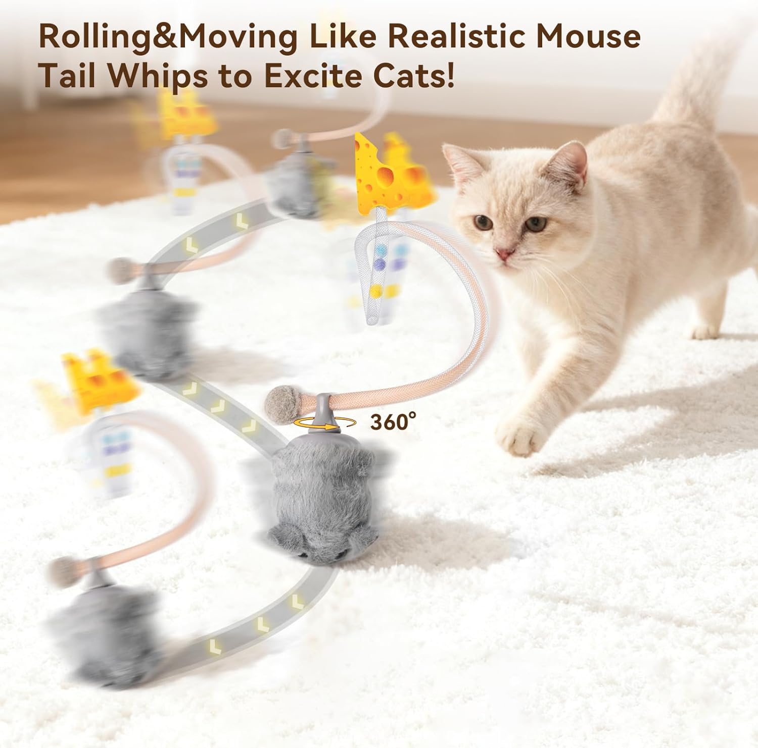 Migipaws Interactive MigiMouse Cat Toy 360° Rolling & Spin with Mesh Plastic Tail for Indoor Cats Smart Motion Sensor, Realistic Squeak, Rechargeable Plush Kitten Toy(Grey) - Image 2