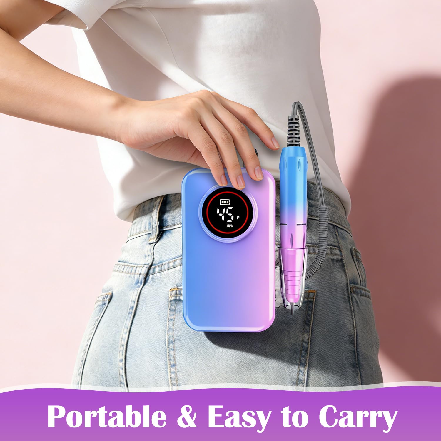 Nail Drill Professional, 45000 RPM Rechargeable Electric Nail File Kit for Acrylic & Gel Nails, Portable Manicure Pedicure Tool for DIY Home or Salon, with 11 Nail Drill Bits & Sanding Band Set - Image 7