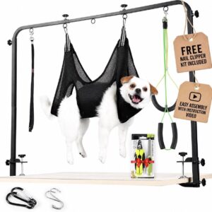 Premium Dog Grooming Arm with Clamp & Dog Grooming Hammock – Heavy Duty Grooming Table for Dogs at Home – Nail Clippers for Dogs – Complete Pet Grooming Kit & Dog Harness for Nail Trimming