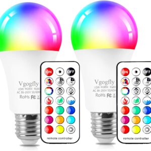 Vgogfly RGB Led Light Bulbs 10W Color Changing Light Bulb with Remote Control 5000k Daylight White (2 Pack) Remove Battery Separator Before Use
