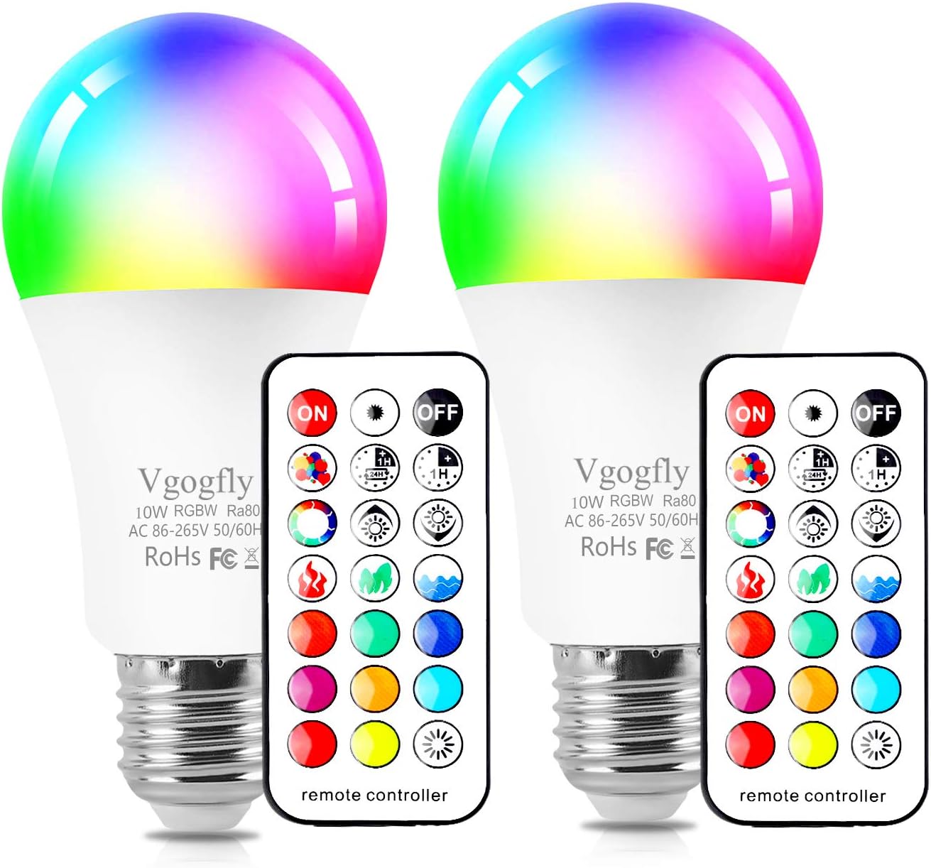Vgogfly RGB Led Light Bulbs 10W Color Changing Light Bulb with Remote Control 5000k Daylight White (2 Pack) Remove Battery Separator Before Use