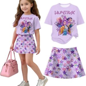 K Pop Short Sleeve T-Shirt and Skirts Outfits Set for Girls Hunters Girl’s Anime Graphic Tees De-Mon Summer Sets