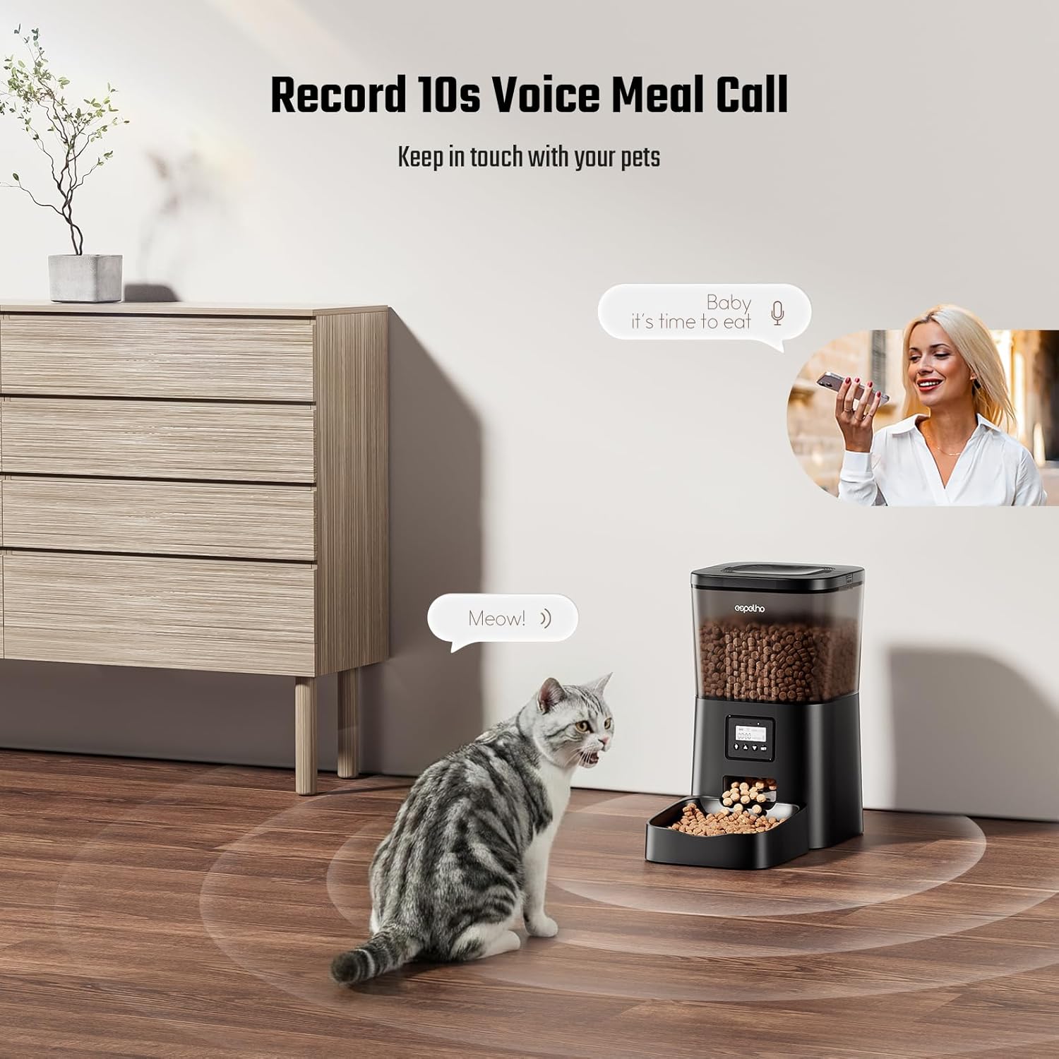 Espelho Automatic Cat Feeder- 4L Timed Cat Food Dispenser 1-6 Meals Control for Cat and Small Dog- Auto Pet Feeder with Desiccant Bag Keep Fresh for Reliable Easy Set Up and Clean- Voice Recorder - Image 3