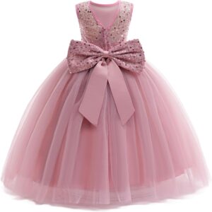 Girls Sequin Tulle Dress Formal Pageant Sparkly Birthday Party Wedding Guest Ball Gown Dresses with Bow
