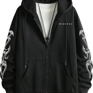 GORGLITTER Men’s Y2K Graphic Zip Up Hoodies Streetwear Designer Baggy Pullover Hooded Sweatshirts Jacket
