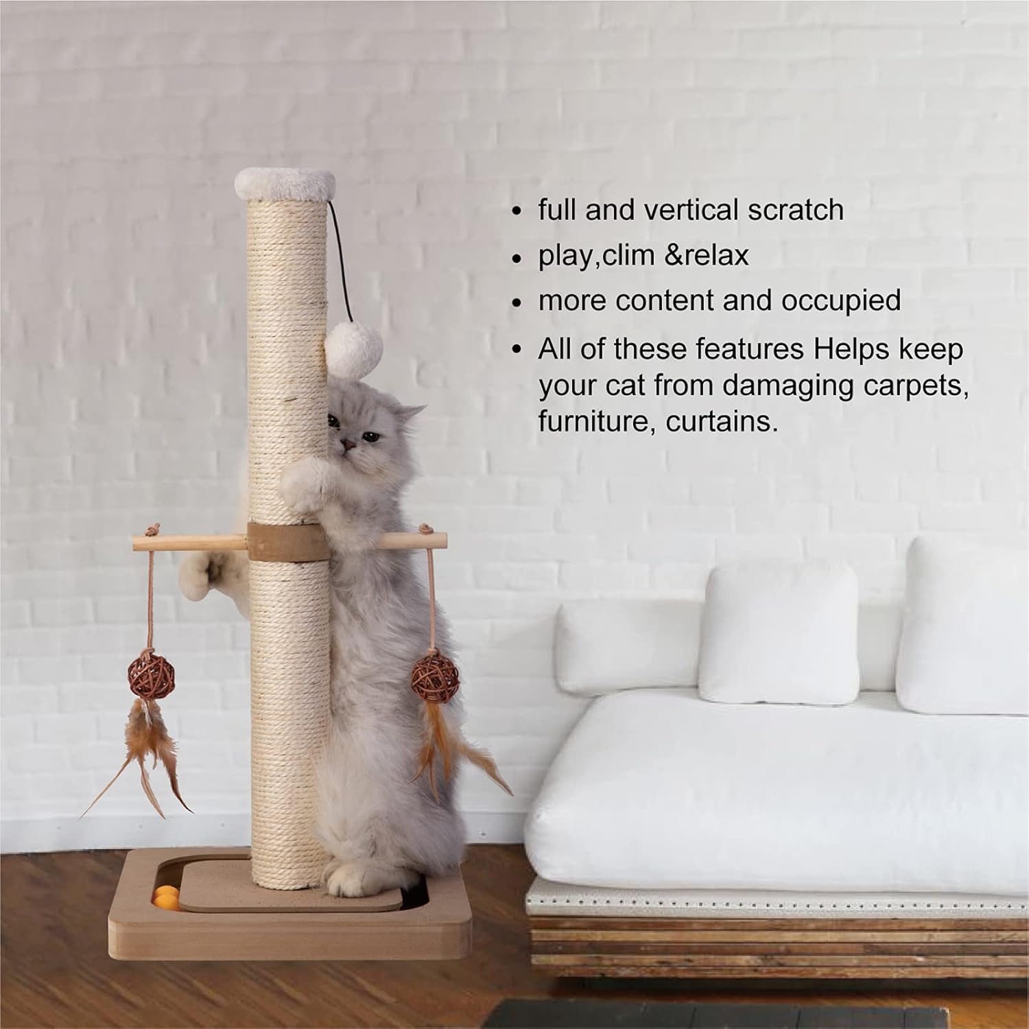 PEEKAB Cat Scratching Post Sisal Scratch Posts for Indoor Kittens and Cats,with Interactive Tracking Toys Suitable for Vertical Scratcher of Small and Medium-Sized Cats 25 Inches Beige - Image 4