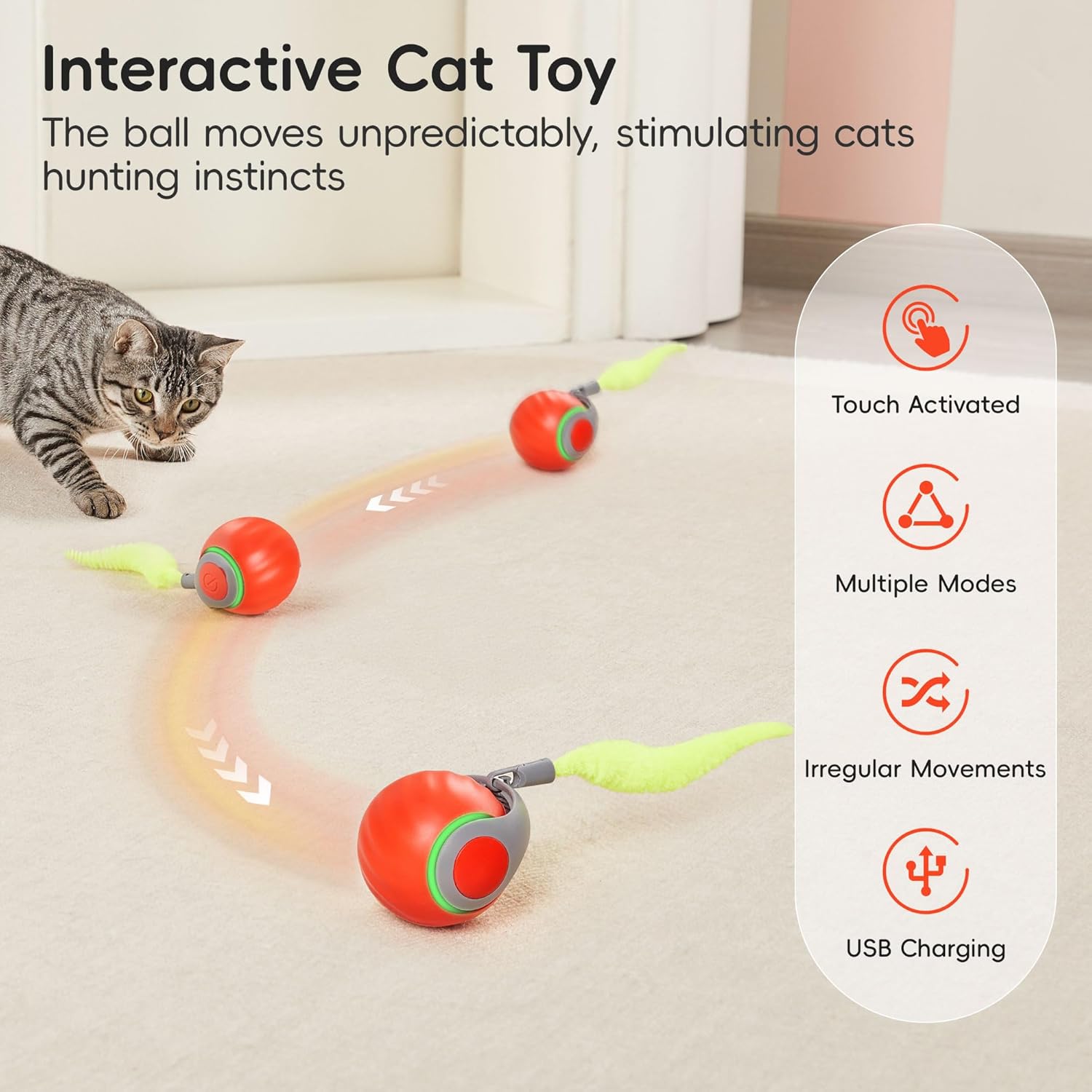 Potaroma Moving Ball Cat Toys with Feather Tail, Rechargeable 2025 New Interactive Toy for Indoor Cats Exercise, Smart Interactive Kitten Rolling Ball, Orange - Image 2