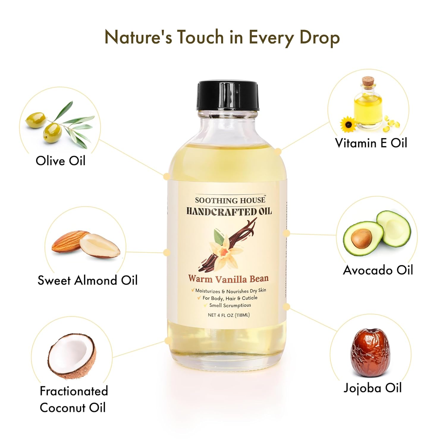 Warm Vanilla Bean Body Oil - Moisturizing Body Oil for Soft, Glowing Skin with Almond & Jojoba Oil (4 fl oz) - Image 7