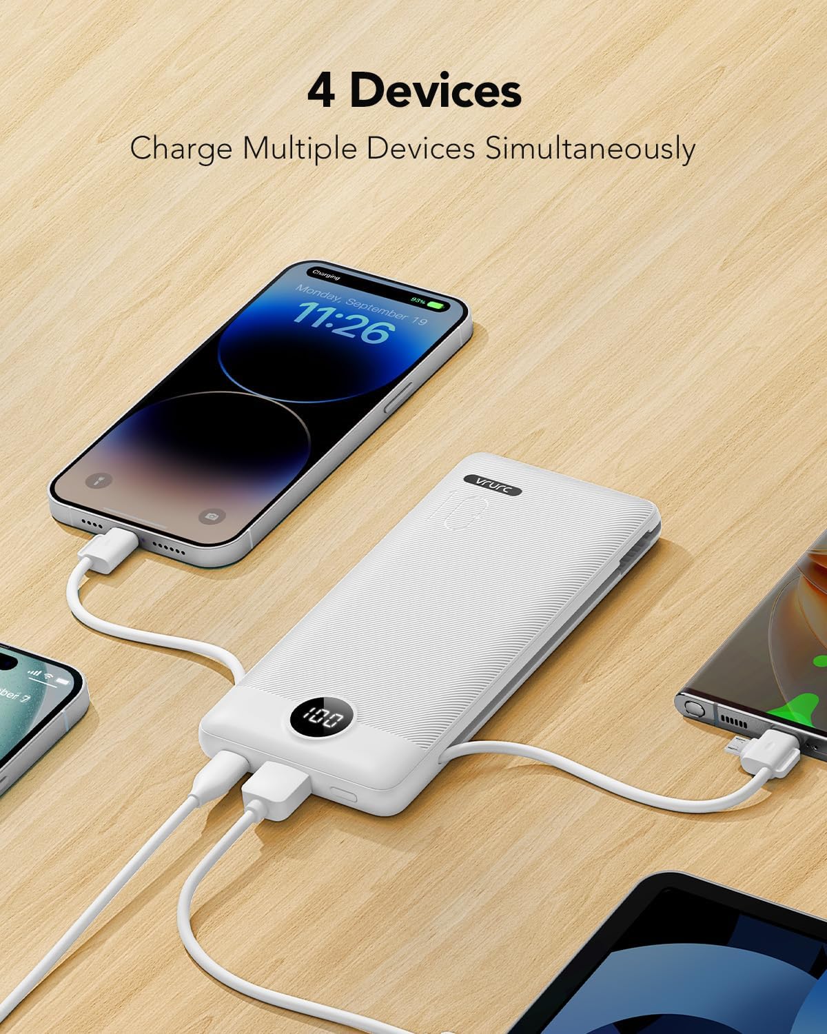VRURC Portable Charger with Cables and Wall Plug | Power Bank with Cords | 10000mAh Portable Charger with AC Plug | External Battery Pack (Pure White) - Image 4