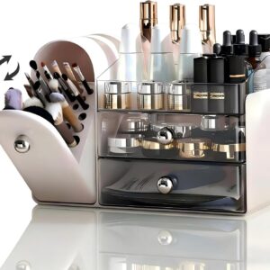 Makeup Organizer for Vanity with Covered Brush Holder，Bathroom Organizers with Drawer，Skin Care Organizer，Makeup Organizers for Vanity with Drawer，Large Makeup Storage for Dresser, White