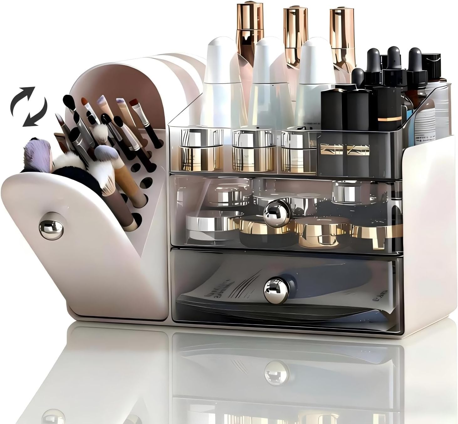 Makeup Organizer for Vanity with Covered Brush Holder,Bathroom Organizers with Drawer,Skin Care Organizer,Makeup Organizers for Vanity with Drawer,Large Makeup Storage for Dresser, White