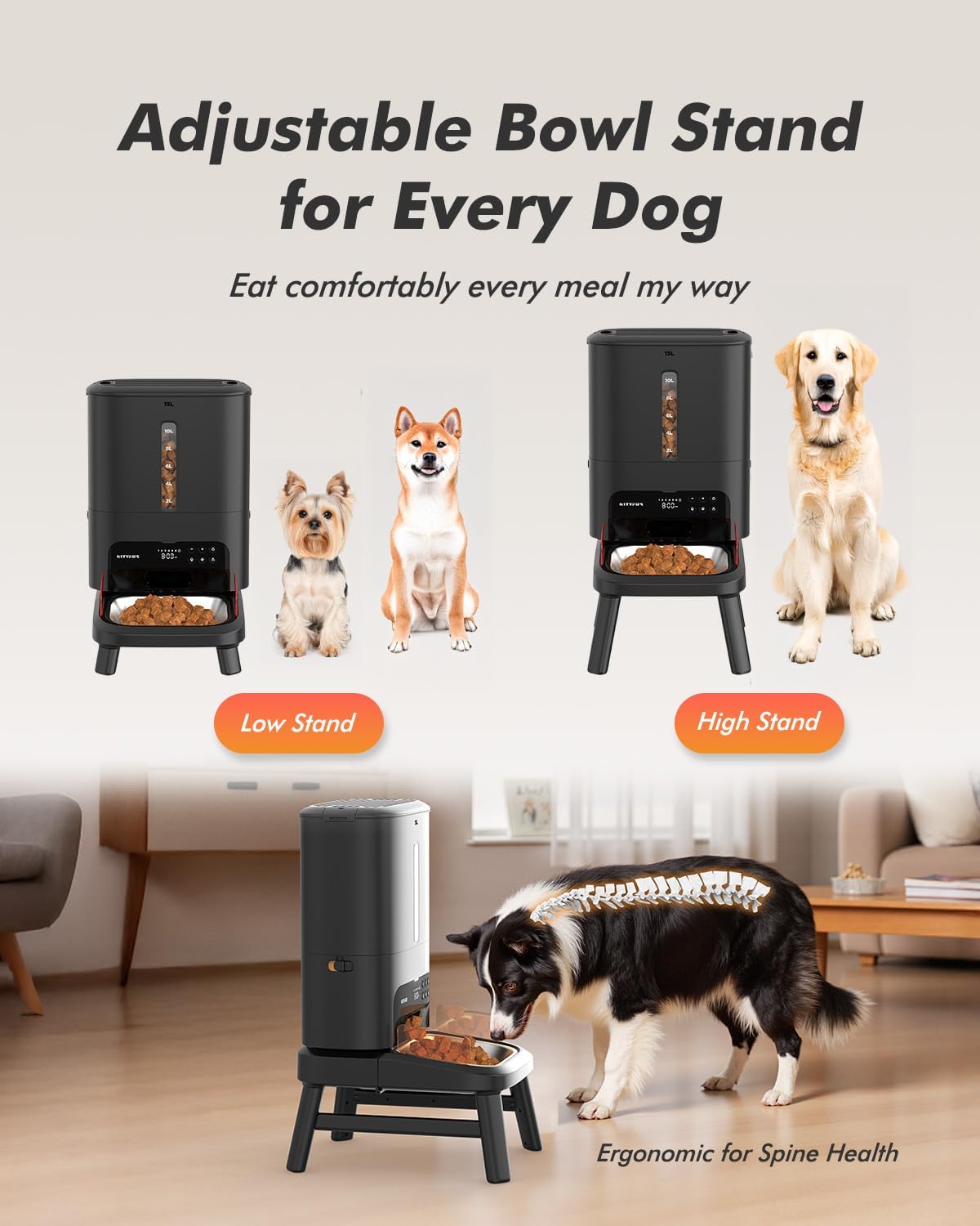 Automatic Dog Feeder for Large Breed - 15L/ 63 Cups Anti-Clog Dog Food Dispenser for 2-23mm Kibble, Elevated Stand, Large Food Tray, Dual Power, Up to 50 Portions 6 Meals Per Day, Keeps Fresh - Image 4