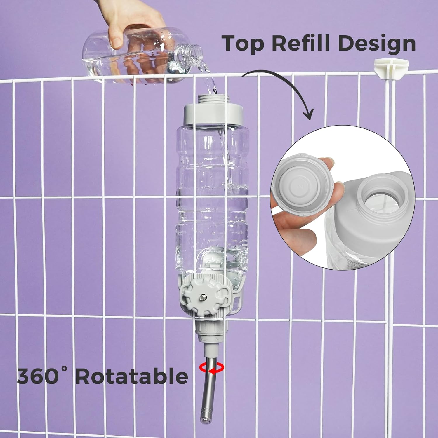Vannon Rabbit Water Bottle for Cage, Top Fill 34oz Bunny Water Bottle No Drip Automatic Water Dispenser for Dog, Rabbit, Guinea Pig & Small Animals Hanging Cage Water Bottle - Image 2