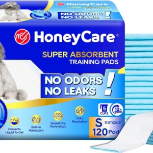 Honey Care All-Absorb, Small 17.5″ x 23.5″, 120 Count, Dog and Puppy Training Pads, Ultra Absorbent and Odor Eliminating, Leak-Proof 5-Layer Potty Training Pads with Quick-Dry Surface, Blue, A05