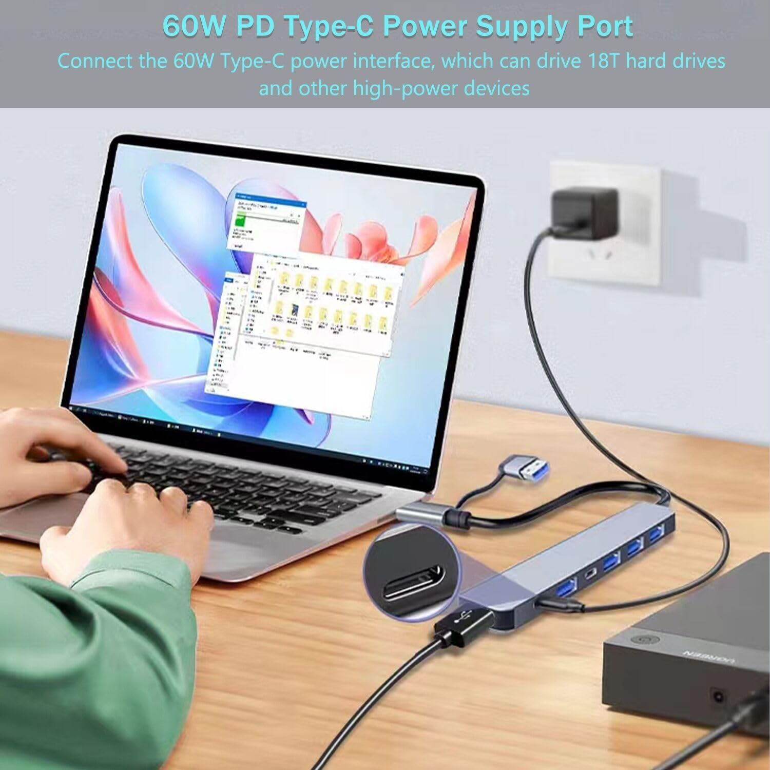 VIENON Aluminum USB C & USB Hub 7-in-1 with USB 3.0, USB-C Ports for PC/Laptops/MacBook Pro/Air/iMac/iPad and More Devices - Image 4
