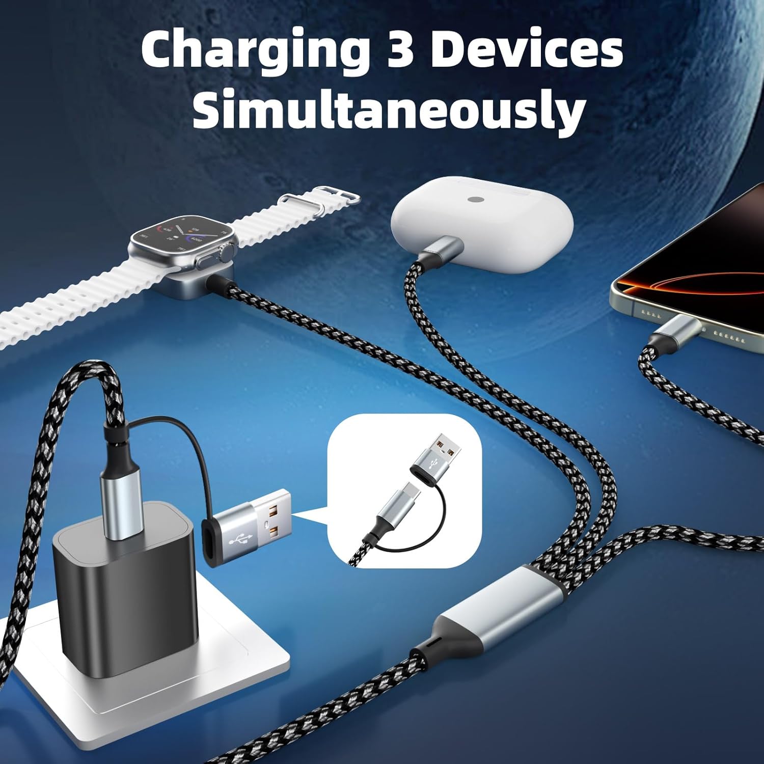 Travel 3 in 2 Charging Cable for iWatch Charger, Travel Essentials UB-A/USB-C Multi Charging Cable/Cord for All Devices Compatible for iWatch Ultra/SE/10-1, iPhone16 15 14, Android-5FT - Image 2