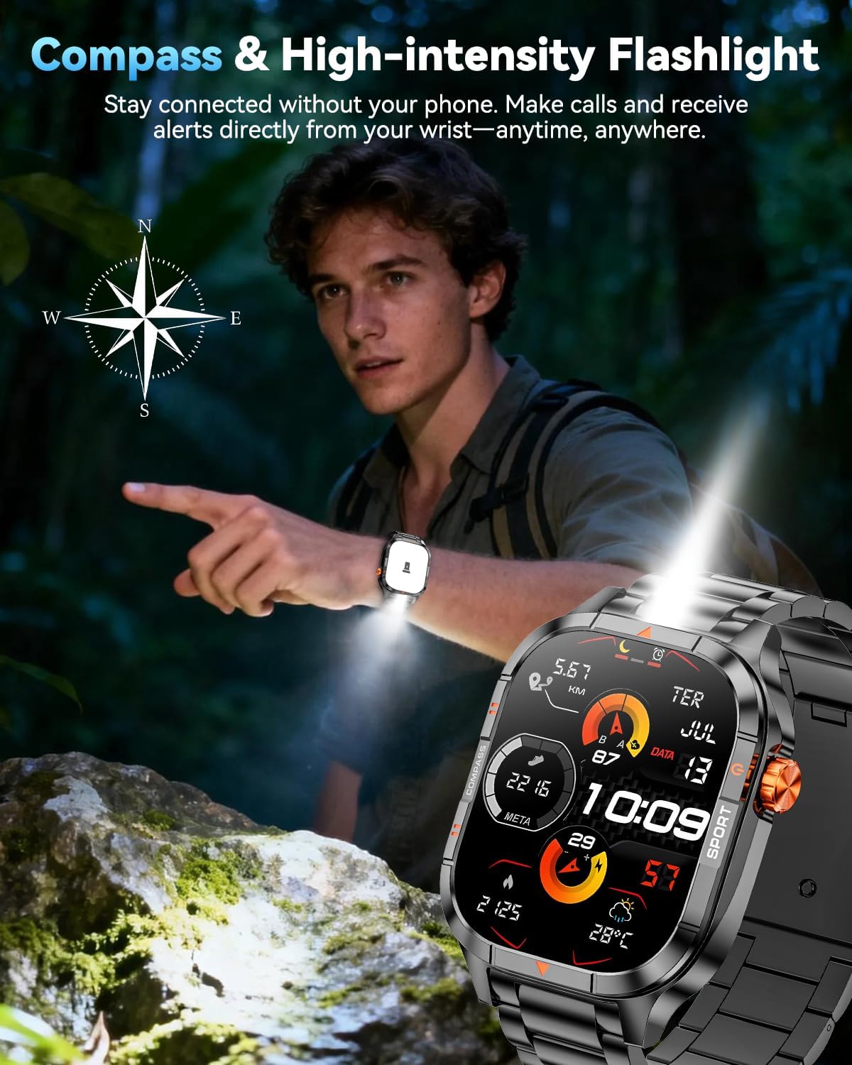Military Smart Watches for Men, 2.01'' Smart Watch with 1000mAh Battery/Flashlight,Answer/Make Calls Smart Watch for Android and iPhone with SpO2/Heart Rate/Sleep/100+ Sport Modes, Fitness Tracker - Image 6
