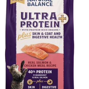 Natural Balance Ultra Protein Plus Dry Cat Food, Skin & Coat and Digestive Health Real Salmon & Chicken Meal Recipe with Chicken Liver & Chicken Heart, High Protein Cat Food for Picky Cats – 5 lbs