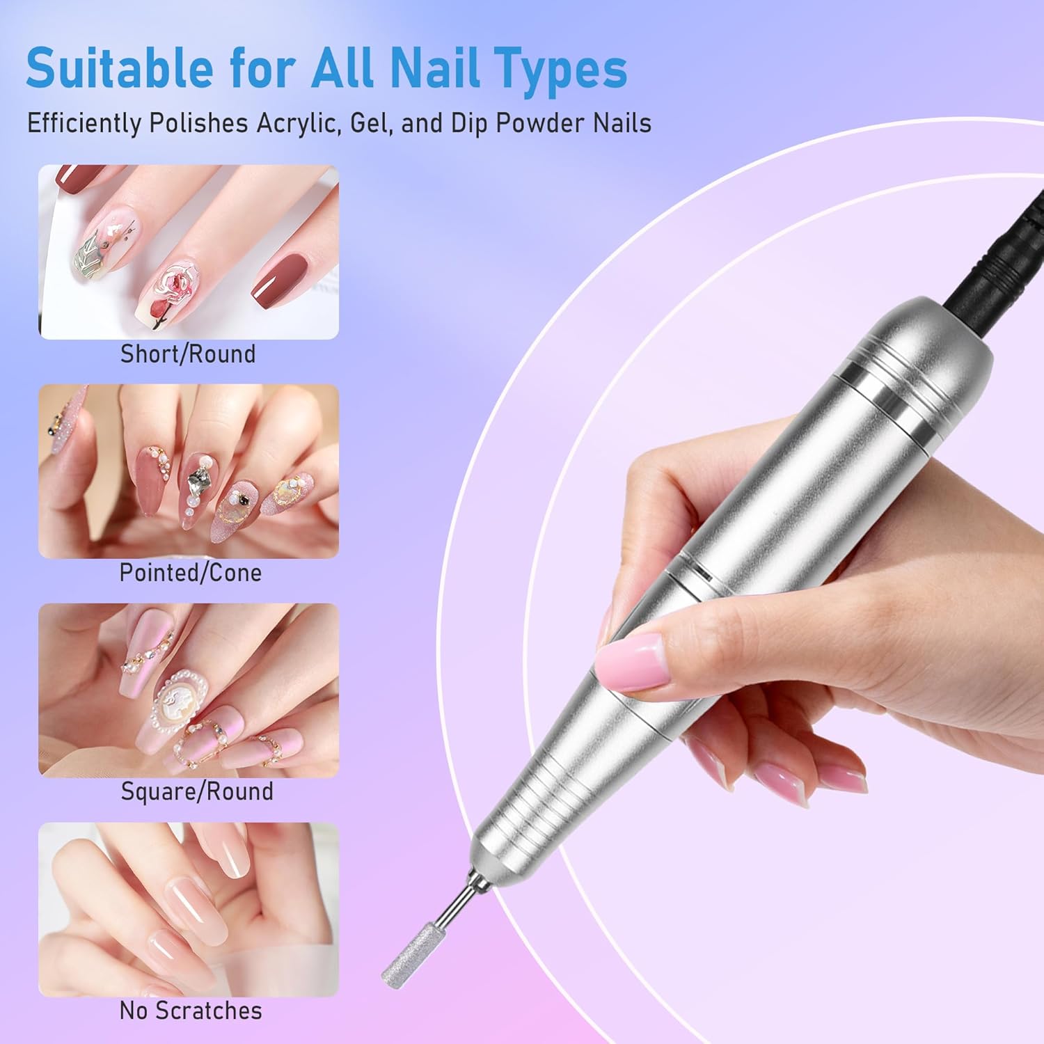Portable Electric Nail Drill Professional 45000 RPM, Rechargeable Electric Nail File Machine Kit for Acrylic Gel Nails Polishing Removing, Quiet E-File with Bits for Manicure Salon Home - Image 4