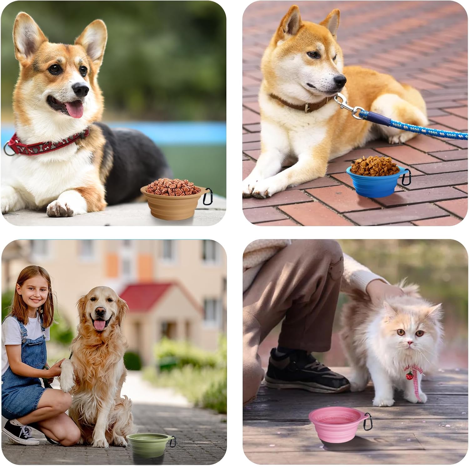 PetBonus 2-Pack Silicone Collapsible Dog Bowls, BPA Free Dishwasher Safe, Portable Foldable Expandable Travel Bowl, Food Water Feeding Cup Dish for Dogs Cats with 2 Carabiners (Turquoise, Tan) - Image 6