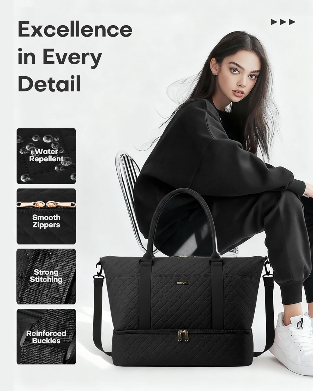 HOTOR Travel Duffel Bag - Weekender Bags for Women, Gym Tote Bags with Shoe Compartment, Carry On Overnight Bag with Toiletry Bag for Travel Essentials and Travel Accessories, Black, 13.4"×17.3"×7.9" - Image 6