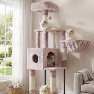 Heybly Cat Tree, 49.2 Inches Cat Tower for Indoor Cats, Spacious Cat House Condo with Hidden Space，Sturdy Steel Tube，Soft Plush Top Perch，Cozy Hammock and Sisal Scratching Posts, Muchroom HCT200SMU