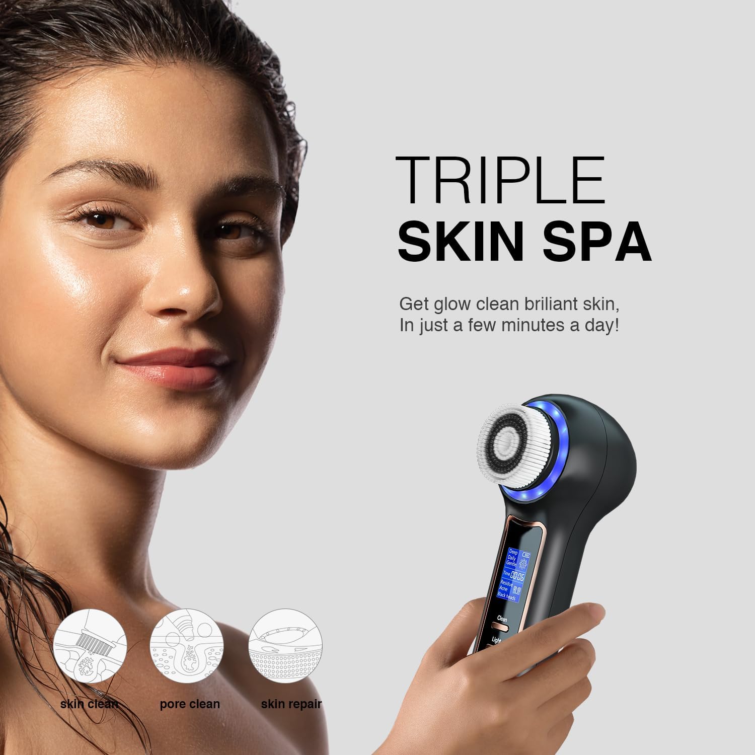 UMICKOO Electric Facial Cleansing Brush with LCD Screen, 3-in-1 Face Scrubber & Optional Blackhead Remover, Rechargeable, IPX7 Waterproof, Gentle Daily & Deep Cleaning for All Skin Types - Image 3