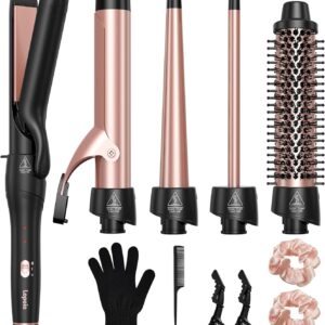 Lopeie 5 in 1 Curling Iron with Thermal Brush and 4 Interchangeable Ceramic Barrels(1/2 to 1 1/2 inch), Curling Wand Set with Flat Iron, Fast Heating, Dual Voltage Hair Curler, Gifts for Women