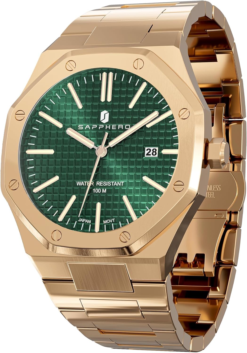 SAPPHERO Watches Men Octagonal Stainless Steel Waterproof Analog Japanese Quartz Wrist Watch Date Classic Business Luxury Watches for Men Elegant Gifts