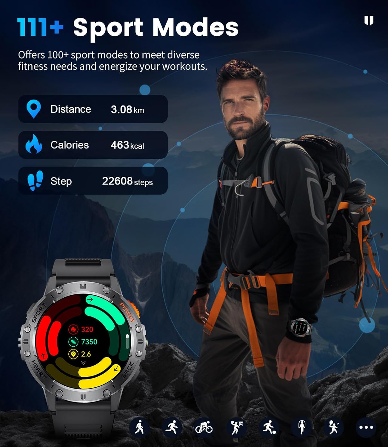 Military Smart Watches for Men for Android/iPhone-1.43'' Amoled Display Fitness Watch with Heart Rate/SpO2/Sleep Monitor/100+ Sport Modes/Flashlight,5ATM Waterproof Sport Watch,Pedometer,Silicone - Image 5