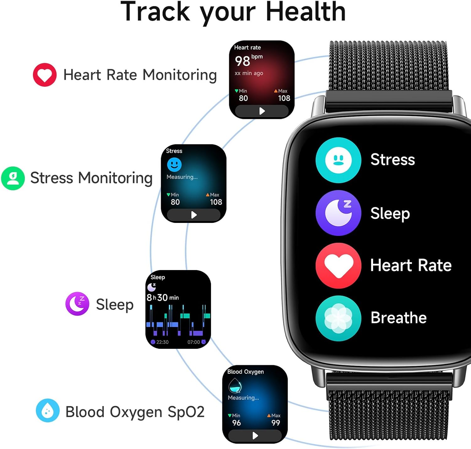 Smart Watch for Women, 1.85" HD Smartwatch Compatible iPhone/Samsung/Android (Answer/Make Calls), 100+ Sport Modes Fitness Tracker with Heart Rate/Sleep/SpO2 Monitor, IP68 Waterproof, Metal Band - Image 3