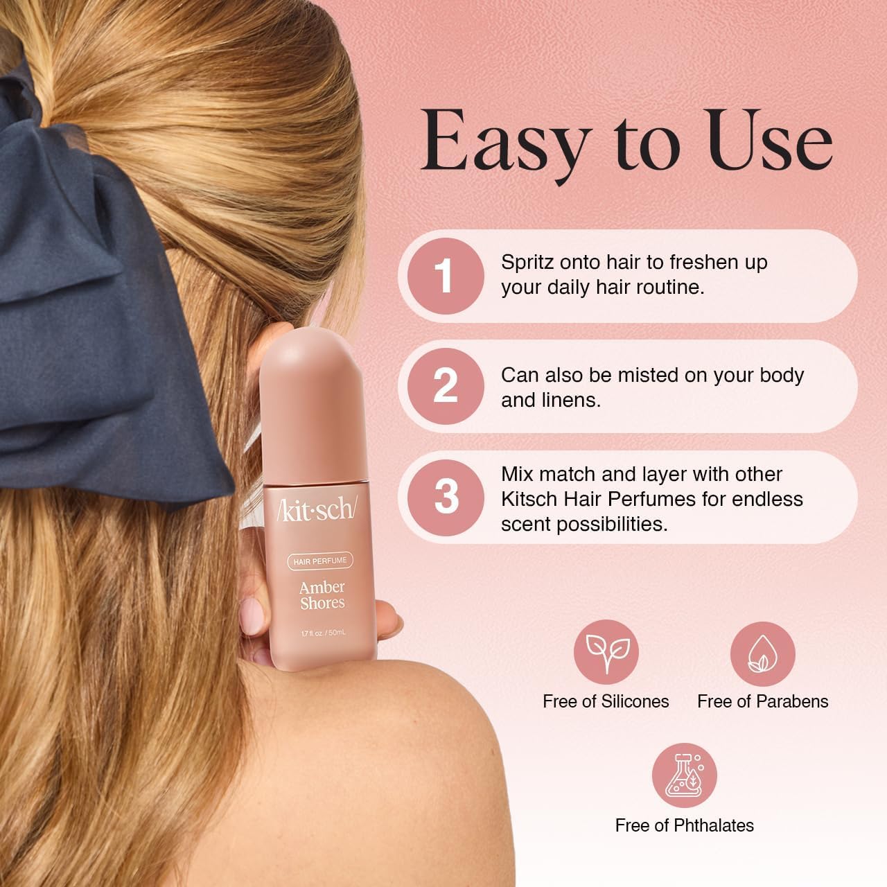 Kitsch Hair Perfume for Women - Amber Shores | Clean, Deodorizing & Patented Odor-Eliminating Technology Hair Spray & Body Mist - Freshen Hair, Body & Pillows - Woody Aquatic Scent - 50mL - Image 4