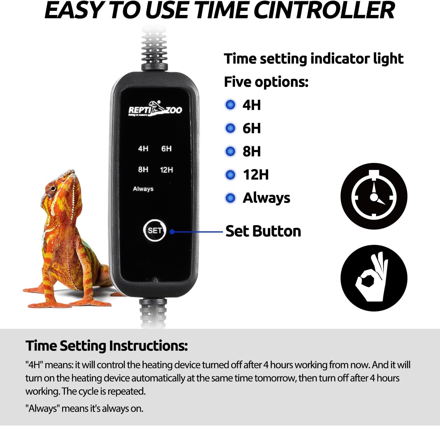 REPTI ZOO Dual Reptile Light Fixture with Dimming Thermostat and Timer, Deep Dome Lamp Fixture with Independent Reptile Dimming Thermostat Heat Bulb Temperature Controller and Timing Function - Image 6