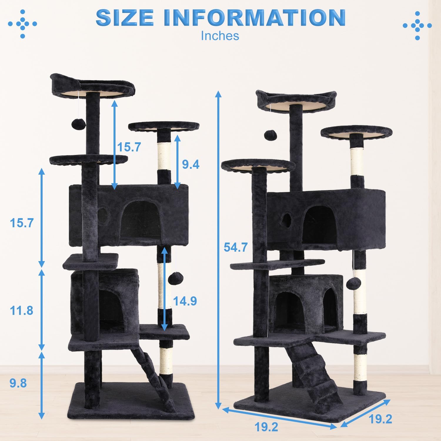 FDW | 54" Cat Tree Tower | Dark Gray | Multi-Level Indoor Activity Center with Sisal Scratching Posts, Condos, Plush Perches, Hanging Cat Toys | Sturdy, Easy to Assemble | for Kittens & Adult Cats - Image 7