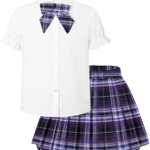 Betusline Girls Skirt Set JK School Uniform 2-Piece Outfit – Short Sleeve Shirt with Bow & Pleated Skirt 4T-14Y