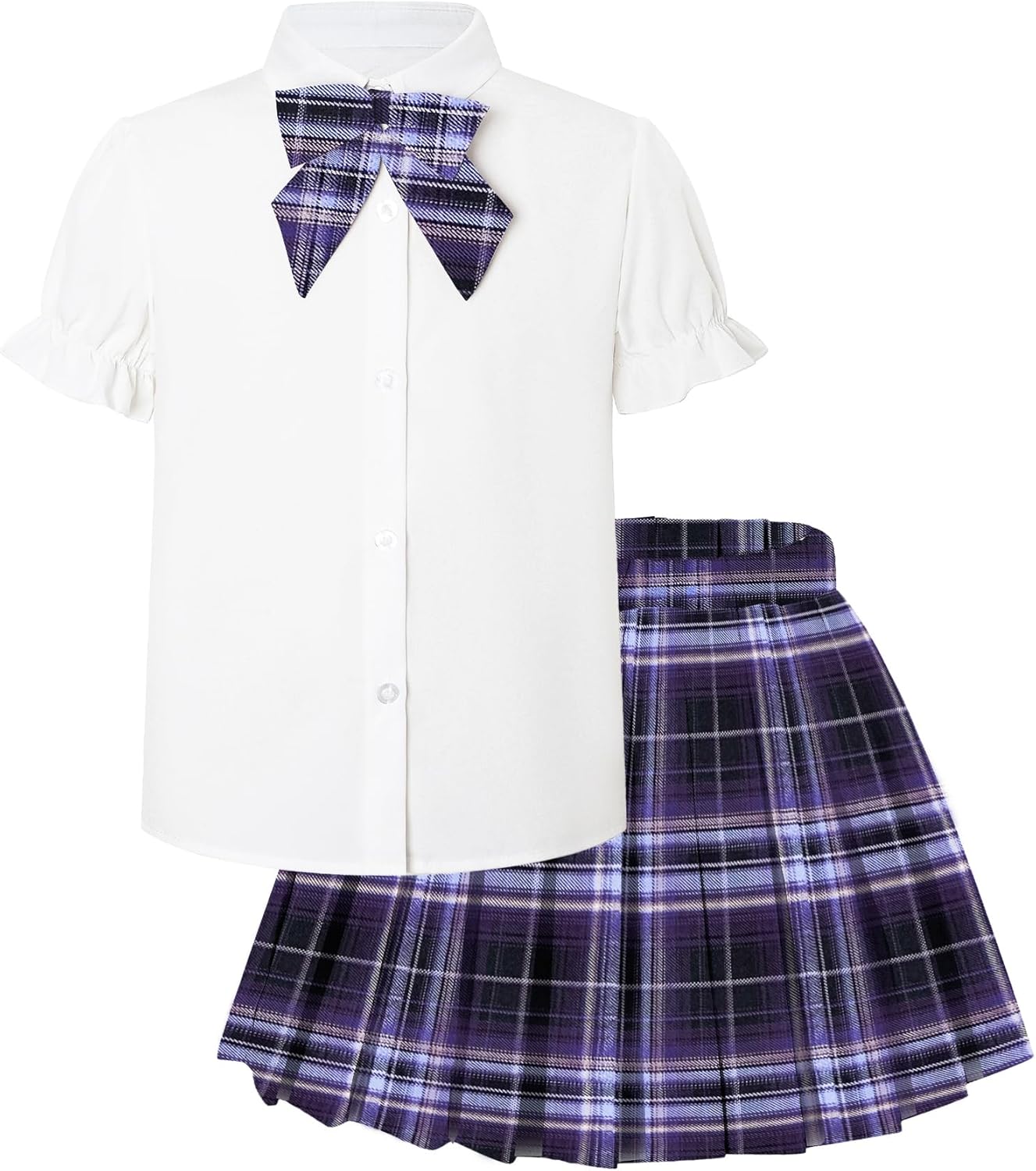 Betusline Girls Skirt Set JK School Uniform 2-Piece Outfit - Short Sleeve Shirt with Bow & Pleated Skirt 4T-14Y